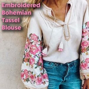 Embroidered Bohemian Tassel Blouse